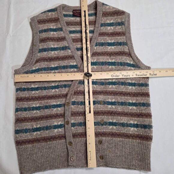 CHAPS RALPH LAUREN 100% WOOL VEST TAN GREEN BROWN STRIPE VINTAGE MENS LARGE - Picture 4 of 5